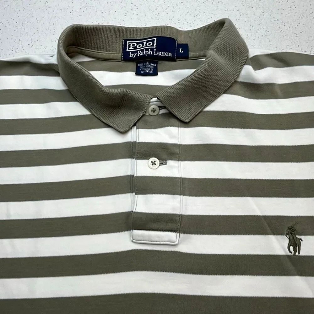 Polo Ralph Lauren Mens Large Green White Striped Polo Shirt Pony Logo 100% Cotto